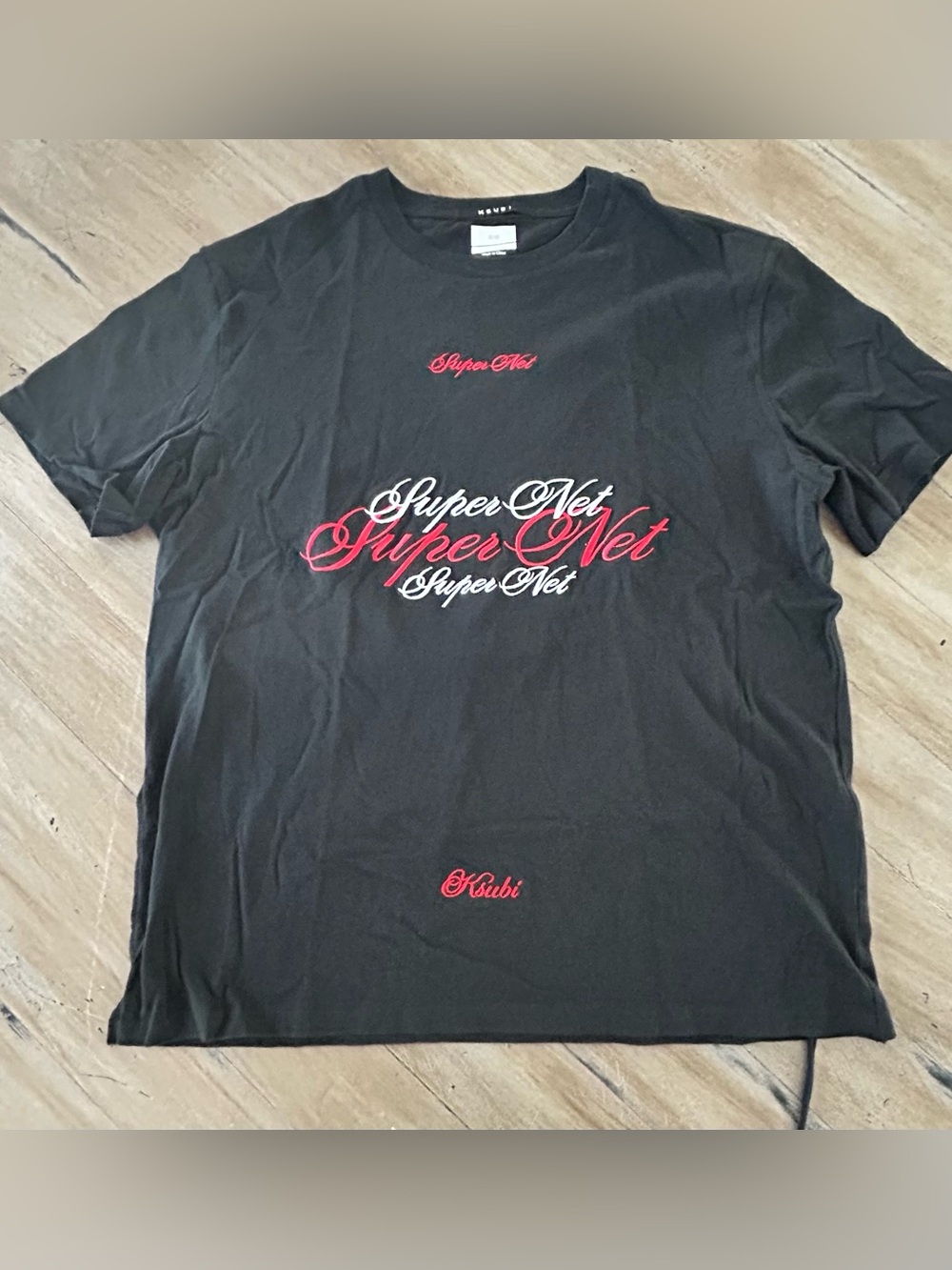 Ksubi Black Tee with Red and White 'Super Net' Script
